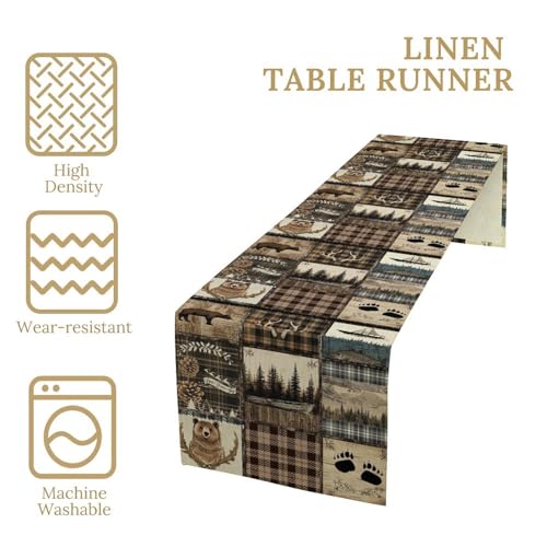 Image of Rustic Country Bear Table Runner,Vintage Wild Animals Bear Deer Forest Mountain Fish Table Cloth for Home Kitchen Dining Table Decoration Party 13x72 in