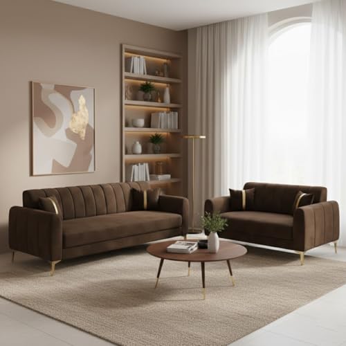 Image of Hermione Luxe Velvet-Suede Fabric 3 Seater + 2 Seater Sofa Set | Golden Legs | Comfortable & Spacious Seating | Modern Sofa Set for Living Room - Dark Brown