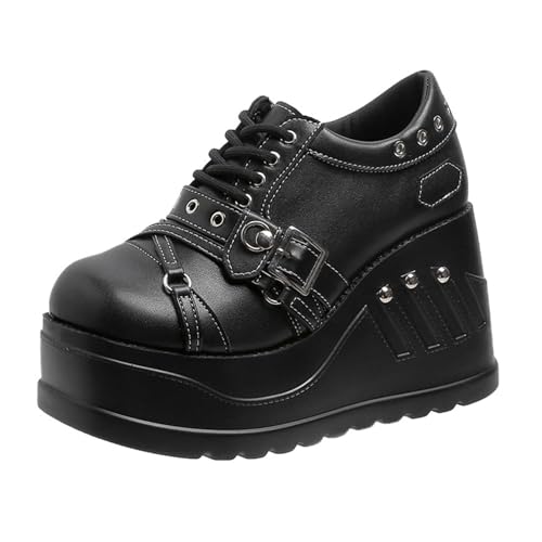 Women's Leather Low Top Wedge Gothic Booties Comfort Round Toe Lug Sole Platform Lace Up Rave Boots Fashion Buckle Breathable Party Punk Ankle Boots