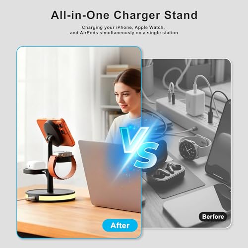 Wireless Charging Station, 3 in 1 Magnetic Magsafe Charger for Apple Device | Fast Charging Tree-Shaped Stand with 20W Adapter, Qi-Certified Charger for iPhone 12-17 Series, Apple Watch, AirPods - image 3