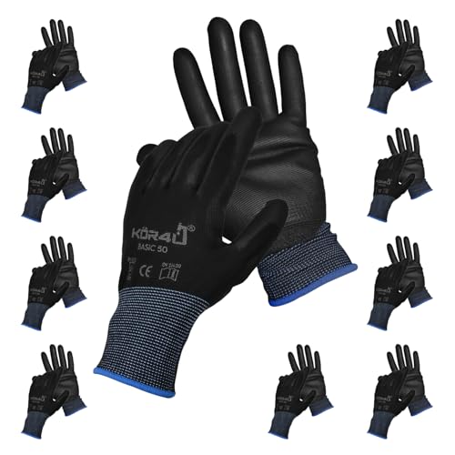 kör4u 10 Paar Arbeitshandschuhe Basic, atmungsaktiv und beschichtet, als Schutzhandschuhe, Gartenhandschuhe Damen und Mechaniker Handschuhe geeignet, hochwertige PU-Beschichtung, dünn und leicht