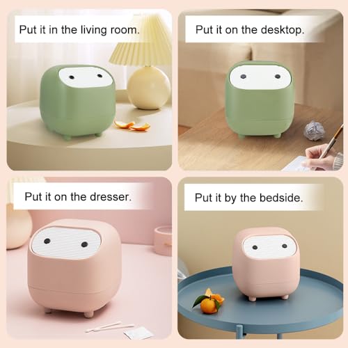 Image of Mini Trash Can, Cute Small Trash Can with Lid, Desktop Paper Bin with 90 of Bin Liners, Portable Tabletop Dustbin, Cartoon Animal Rubbish Storage for Office Bedroom Desk Car Kitchen(Green)