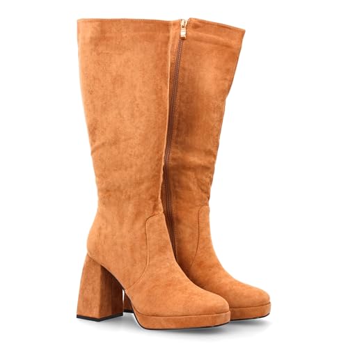 95921 Bota Alta para Mujer con Plataforma y Tacon Ancho, Cierre de Cremallera. Estampado Liso. Ideal para Otono Invierno. Camel Talla 37