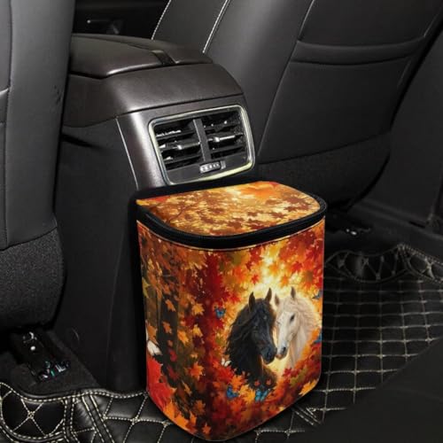 Image of Talayituse Horse Maple Butterfly Print Car Trash Can Portable Auto Garbage Bin Multifunctional Vehicle Interior Accessories with Adjustable Straps Universal Fit Truck SUV Sedan Autumn Decor