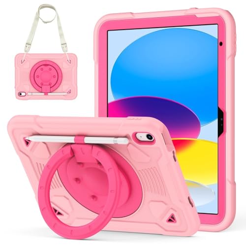 Coque iPad 10 10.9 2022 silicone antichoc rose vif avec sangle et support rotatif 360