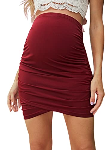 Floerns Women's Solid Maternity High Waist Ruched Bodycon Mini Skirt Burgundy M #TOP6