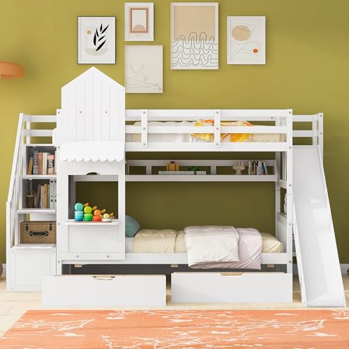 MERITLINE Twin Over Twin Bunk Bed for Kids, Castle Bunk Beds with 2 Drawers 3 Shelves and Slide, Solid Wood Twin Bunk Bed for Kids Girls Boys Teens (White)
