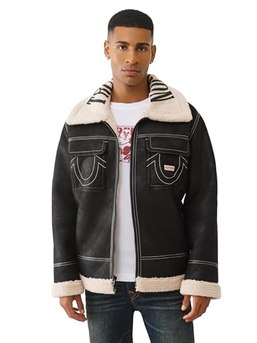 True Religion Sherpa PU Jacket for Men – Faux Leather Winter Jacket with Logo, Warm Streetwear Outerwear |Jet Black, Large