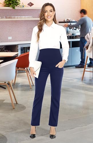 Image of PACBREEZE Women's Maternity Pants for Work Over-Bump Pregnancy Casual Stretchy Straight Dress Pants with Pockets