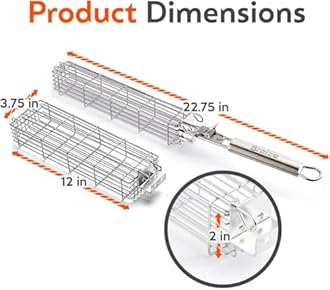 Kabob Grilling Baskets Set of 3 12" x 2" x 2" – Stainless Steel BBQ Grill Basket with Removable Handle & Latching Lid – Vegetable and Meat Grill Basket for Outdoor Grill and Campfire Cooking