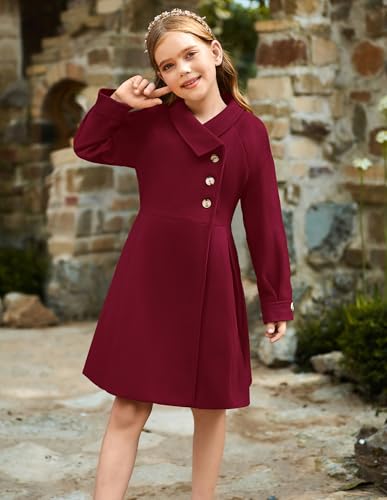 Image of GRACE KARIN Girls Dress Coat Kids Wool Lapel Long Button Jackets Fall Winter Outerwear Peacoat with Pockets 5-12Y