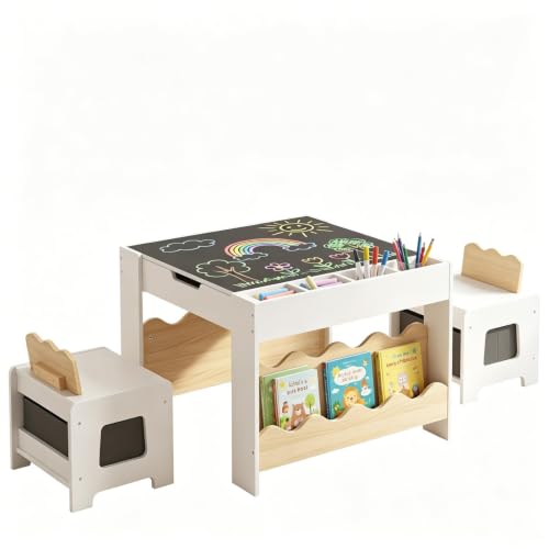 LIFEZEAL Mesa Infantil con Silla y Pizarra Negra (Natural)