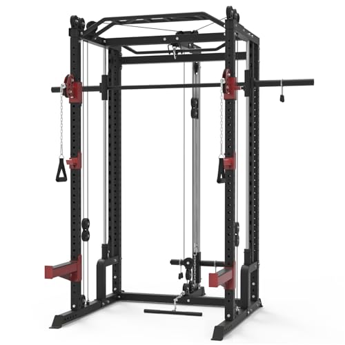Train Hard® Smith Máquina Power Rack Multipress Estación de Fuerza Multiprensa, Prensa de Piernas, Pull, Polea, Barra de inmersión, Remo, Barra y Accesorios Modelo 2024 (C:1F09766S6TH)