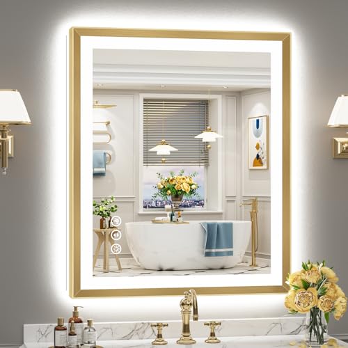 Image of 30x36 Gold Beveled LED Bathroom Mirror Backlit & Front Lit Anti-Fog | Brushed Gold Framed, Anti-Fog Lighted Vanity Mirror, Dimmable, 3-Color Light, Memory, CRI95, HD Tempered Glass, UL Listed