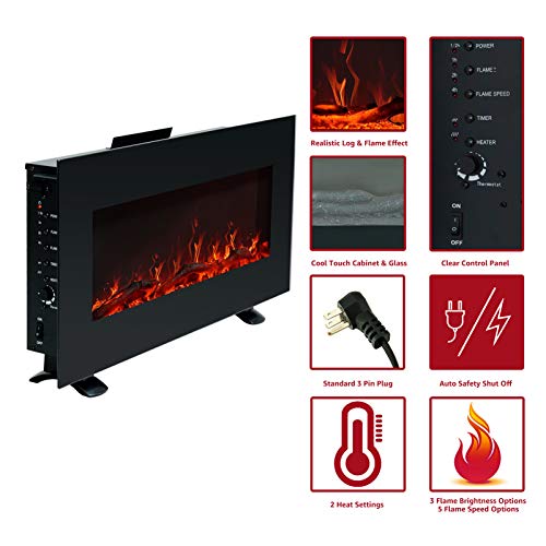 FLAME&SHADE 34 Inch Wide Electric Fireplace, Wall Mounted or Freestanding Portable Room Heater with Infrared Remote, 1500/750w