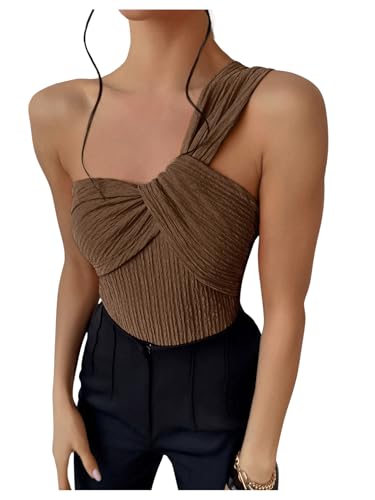 OYOANGLE Women's Textured One Shoulder Twist Front Ruched Bodysuit Sleeveless Tank Top Body Suits