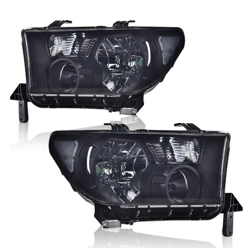 Image of GRAND ORANGE Headlights Assembly Compatible with Toyota Tundra 2007-2013, Fit Toyota Sequoia 2008-2017 Left & Right Headlamps, Smoky Lens Black Houing Clear Reflector, 811100C051