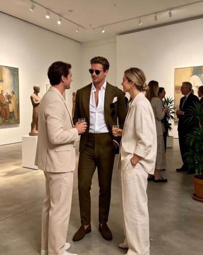 Image of Men's Linen Suit 2 Piece Slim Fit Summer Beach Wedding Prom Party | Breathable,Linen Blazer Suit Set,for Beach Weddings,Groom Wear,Prom and Outdoor Parties,Business Casual,Vacation Daily Wear