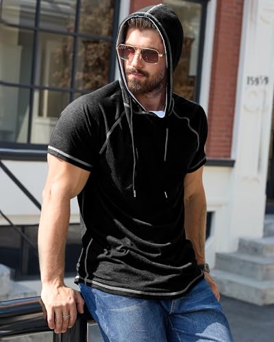 AIYINO Men's Short Sleeve Hoodie Workout Gym Sweatshirt Muscle Fit Fashion Athletic Hoodies Pullover Cotton Hooded T-Shirts L Black - Image 5