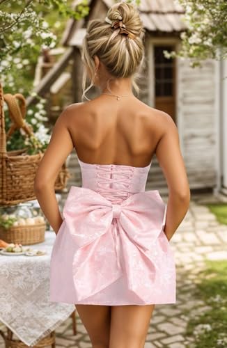 BONOYUER Satin Strapless Homecoming Dresses for Teens Embroidery Short Cocktail Mini Party Dresses with Bow3