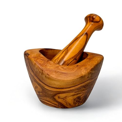 Juego de mortero de madera de olivo hecho a mano, herramienta de cocina rústica y duradera para moler especias, hierbas y ajo, ecológico y seguro para alimentos, grano natural único (madera natural, 8