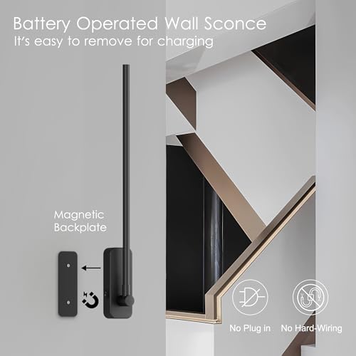 Image of Aipsun Battery Operated Wall Sconces,Wireless Wall Light with Remote Control Rechargeable Black Battery Wall Sconce 350Rotate,Dimmable LED Wall Lights for Living Room,Bedroom (3000K)