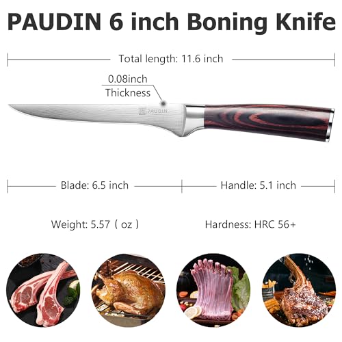 PAUDIN Boning Knife Super Sharp Fillet Knife 6 Inch German High Carbon Stainless Steel Flexible Kitchen Knife for Meat Fish Poultry Chicken with Ergonomic Handle