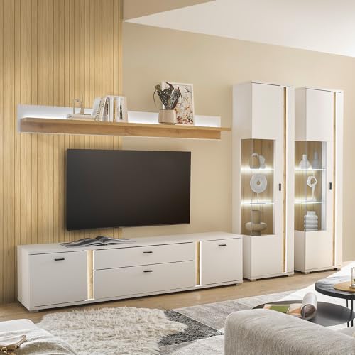 Lomadox Wohnwand Set 4-teilig Wohnzimmermöbel weiß mit Eiche Modern 2 Vitrinen, 1 Lowboard,1 Wandboard, inkl LED Beleuchtung