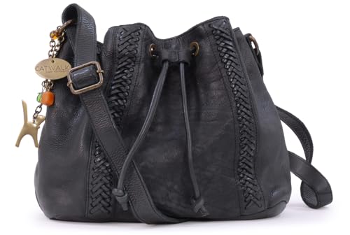 Catwalk Collection Handbags - Sac Bandoulière Femme Cuir - Cordon de Serrage Seau Sac á Main Moyen - Bandoulière Réglable – FRANCESCA - Noir