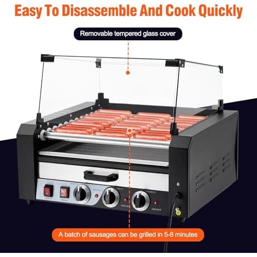 Garvee Hot Dog Roller with Warming Drawer, 11 Rollers 30 Hot Dog Capacity, 1850 Watt Stainless Steel Sausage Grill with Dual Temperature Control Remov