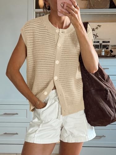 Image of Saodimallsu Womens Short Cap Sleeve Sweater Vest Crochet Button Down Cardigans Crew Neck Summer Knit Tops