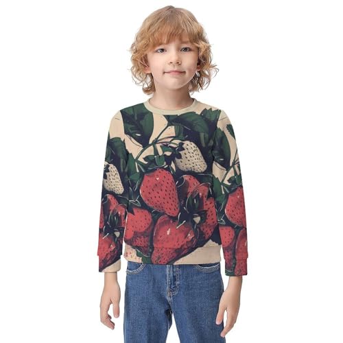 Hand Drawn Strawberry And LeavesChildren's Casual Pullover Sweatshirt Loose Fit8-10Y