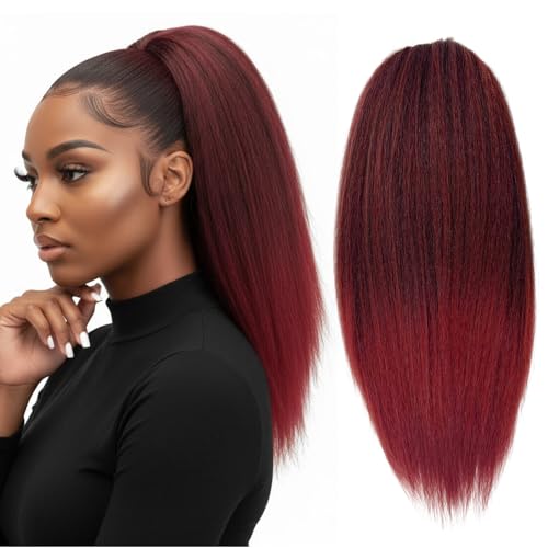 UAmy hair Long Burgundy Yaki Straight Drawstring Ponytail for Black Women 20inch Slight Red Kinky Straight Hair Pony Tail Hairpieces Synthetic Ponytail Extension(T1B/BUG Burgundy)