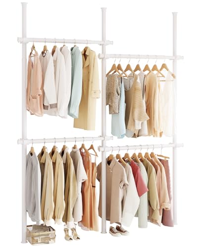 VELORGEMANE Floor to Ceiling Clothes Rack, Heavy-Duty Telescopic Garment Rack, 43 122in Height & 30 47in Width, 220lbs Total Load Capacity, 4-Pole, White