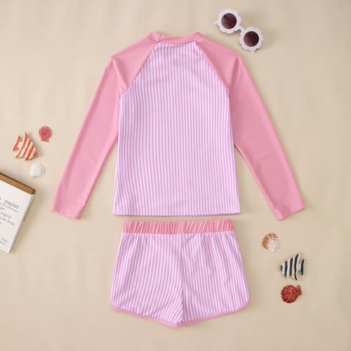 Image of Ritatte Girls Rash Guard Swimsuit 2 Pieces Stripe Bathing Suit Long Sleeve Rashguard Beach Shorts Summer Swimwear 7-12T(Pink,10-11T(150))