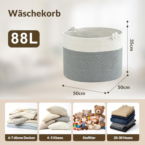 COSYLAND Aufbewahrungskorb Groß für Wohnzimmer, geflochtener Wäschekorb aus Baumwollseil, Wollkorb/Spielzeugkorb, Deckenkorb Wohnzimmer/Korb für Decken, 56×36 cm, Weiß Grau