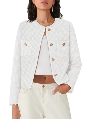 Women's Tweed Blazers Long Sleeve Business Button Down Casual Cropped Blazer Jackets with Pockets