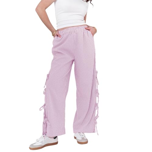 Image of Y2K Gingham Pants for Women Bow Tie Side Slit Wide Leg Lounge Bottom Plaid Checkered Loose Fit Going Out Pants