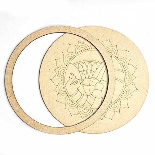Image of Adikala Peacock MDF Engraved Design Wall Plate Base With Frame Cutout for DIY Craft