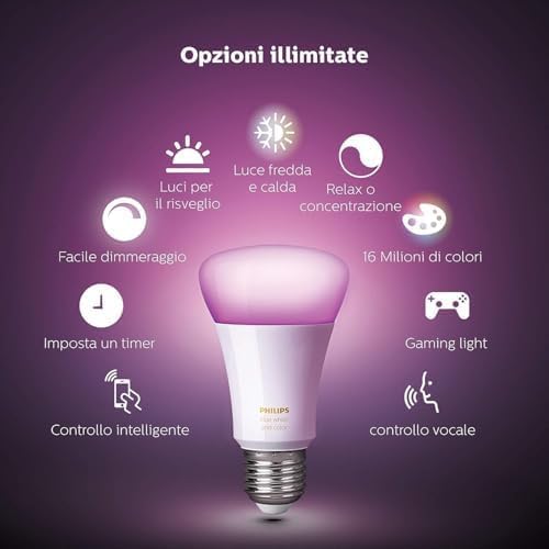 Philips Hue White & Color Ambiance Starter Kit 2 Lampadine Smart, Attacco E27, Luce Bianca e Colorata Dimmerabili, 9W, Hue Bridge incluso, Controllo Vocale