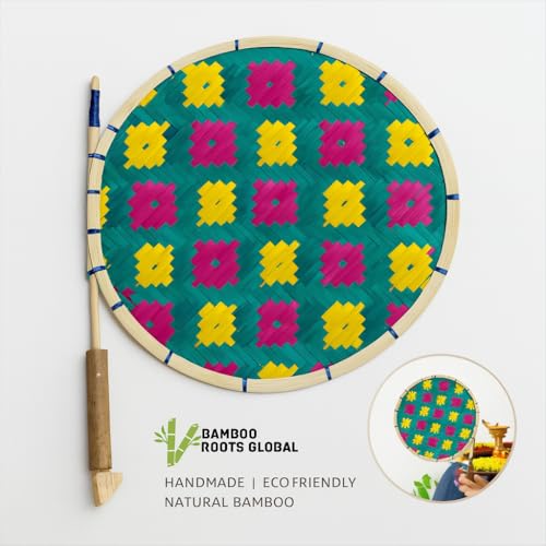 Image of Handmade Bamboo Hand Fan pack of 2 - Traditional Eco-Friendly Pankha for Summer, Colourful Natural Cooling Fan for Home & Pooja inch (2)