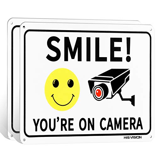 HISVISION 2 Pack Smile You're on Camera, Video Surveillance Sign, 10"x7" Rust Free Aluminum Metal Warning Sign UVresistance, Waterproof, Easy to Install for Home House and Business