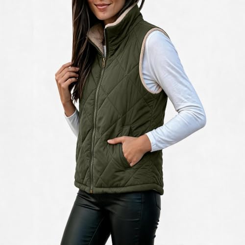 Fall Jackets For Women Puffer vest women Full Zip Quilted Fleece Padded Sleeveless jacket loose casual fall winter warm trendy outfits Coat Army Green L - image 6