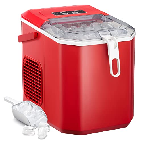 Antarctic Star Countertop Ice Maker,26lbs/24Hrs,9 Bullet Ice Cubes Every 6 Minutes,S/L,Self-Cleaning countertop ice Makers with Basket and Scoop,Perfect for Home, Kitchen, RV, Camping (Red)