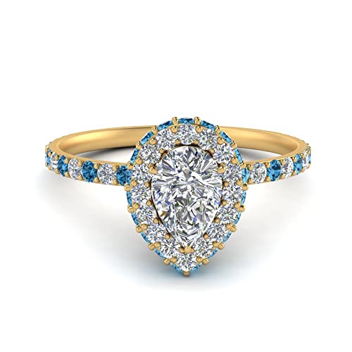 Image of Choose Your Gemstone Pave Rollover Pear Halo Engagement Ring Yellow Gold Plated Pear Shape Halo Engagement Rings Matching Jewelry Wedding Jewelry Easy to Wear Gifts US Size 4 to 12