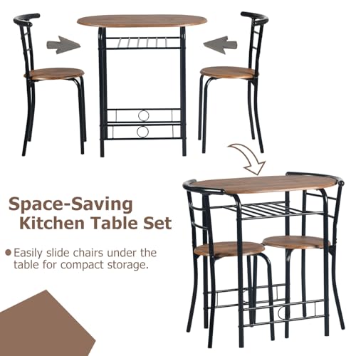 FurnitureR 3-Piece Dining Table Set for 2, Compact Oval Kitchen Table with 2 Round Chairs, Wooden Breakfast Nook Set with Wine Storage Rack, Metal Frame, Ideal for Small Spaces, Brown/Black - Thumbnail 5