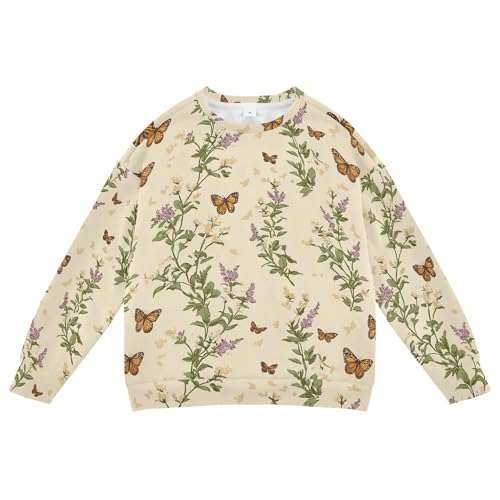 JUNZAN Retro Butterflies Herbs Beige Big Girls Sweatshirt Hoodie Crewneck Tops Clothing Shirts Sports 4T