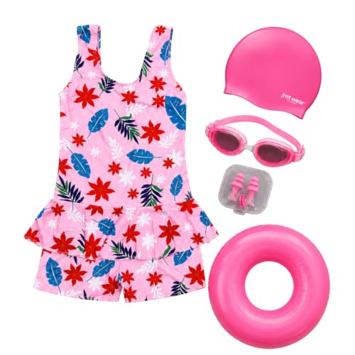 Image of LEBAMI Kids Girls One piece Swimsuit Combo Kit | Frock Swim Costume with Goggles, Cap, Swimming Tube, Nose Clip & Earplugs | Pool & Beach Swimming Kit