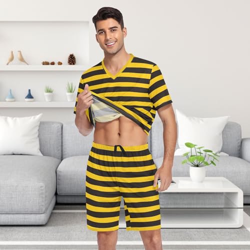 Laprad Men's Bumble Bee Stripe Pajamas Set Short Sleeve Sleepwear Two Piece Loungewear V-Neck with Pockets4