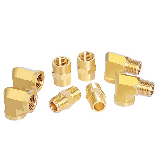GASHER 8PCS 1 4 Inch NPT Brass Pipe Fittings, Hex Nipple, Hex Coupling, 90 Degree Barstock Street Elbow Air Hose Fittings